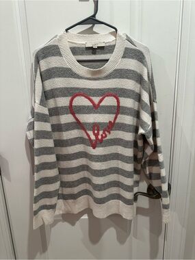 LOFT XL Striped Heart Sweater | Gray & Cream Knit